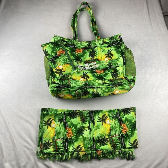 2pc Martin St. Maarten Caribbean Green Tropical Print‎ Beach Bag & Travel Pouch - Picture 8 of 12
